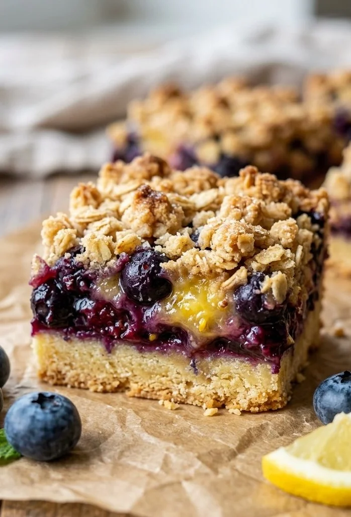 Delicious blueberry lemon crumble bar with a crumbly topping and fresh blueberries.