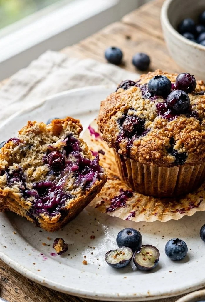 Freshly baked bursting blueberry muffins with juicy blueberries