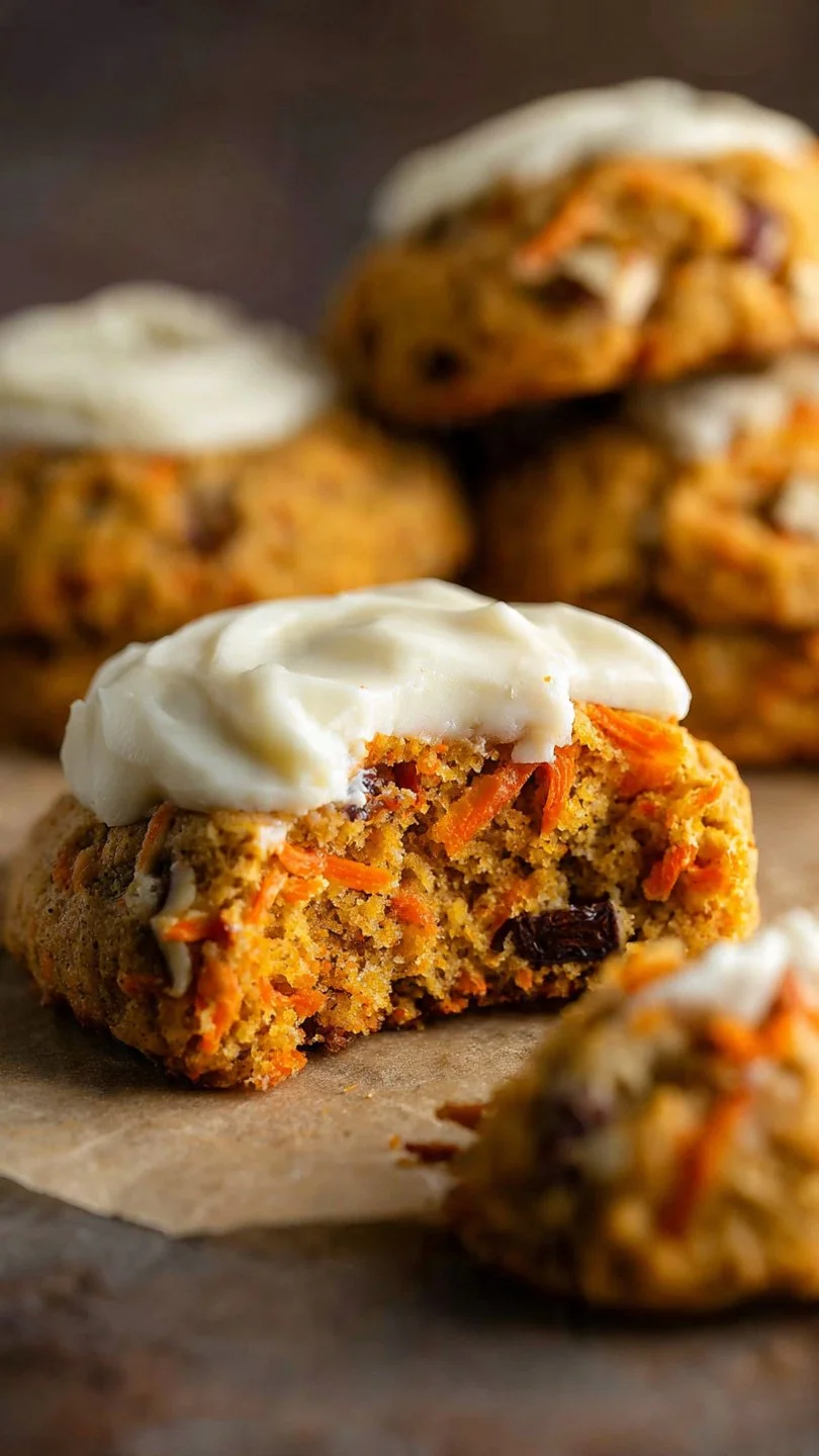 Carrot cake cookies topped with cream cheese frosting and sprinkled with walnuts