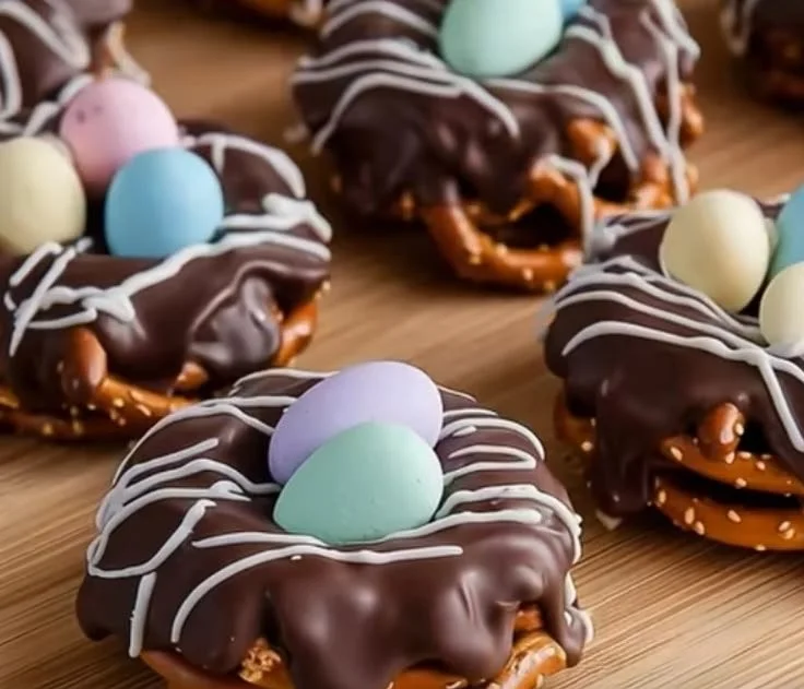 Chocolate-covered pretzel nests decorated for a festive occasion