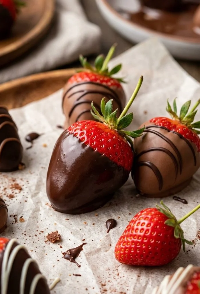 Delicious chocolate dipped strawberries and blueberries on a white plate