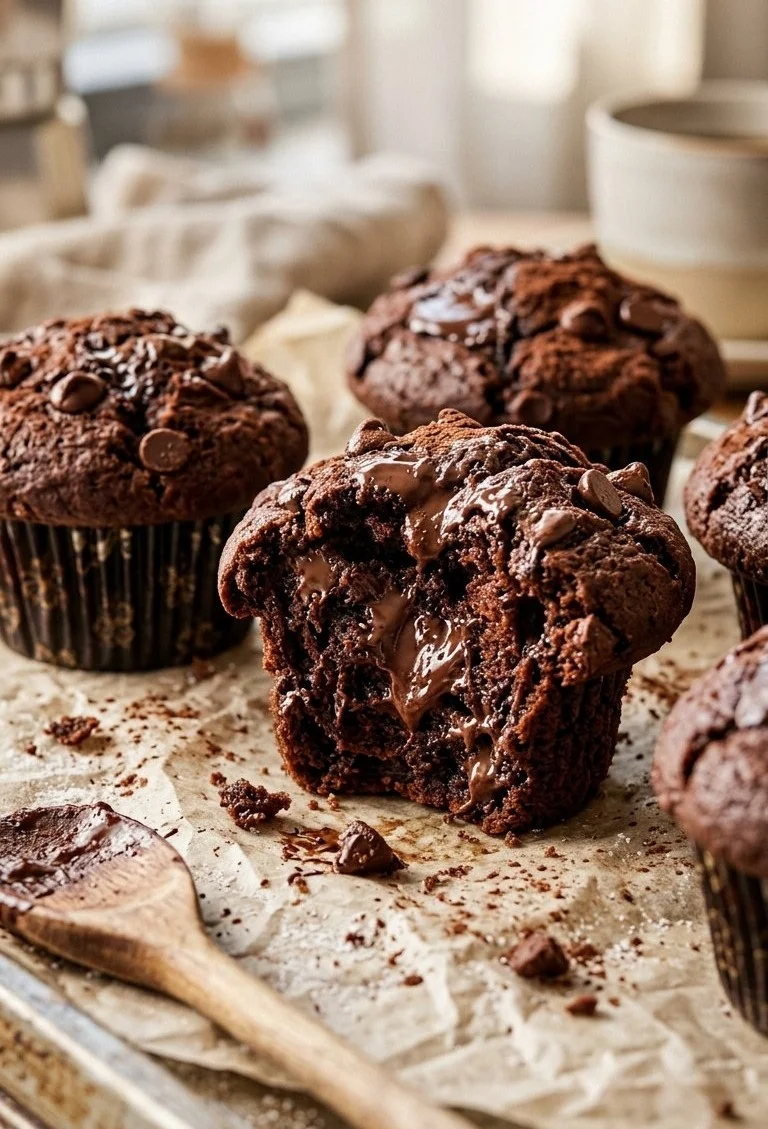 Freshly baked chocolate studded muffins with chocolate chunks on top.