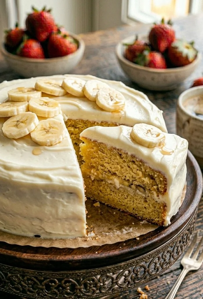 Slice of classic moist banana cake with banana slices on top.
