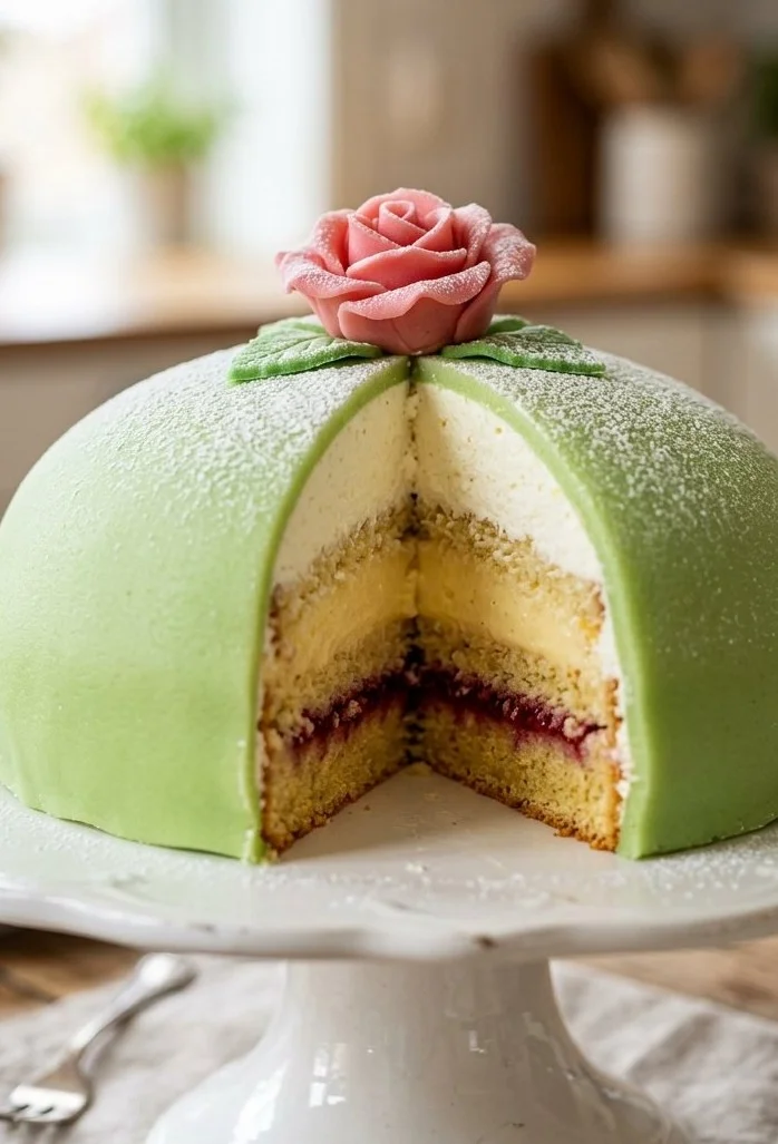 A beautifully crafted Classic Swedish Princess Cake with layers of cream and marzipan.