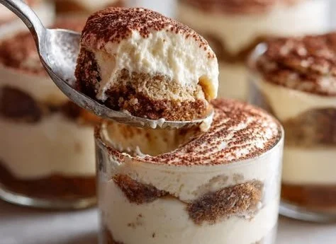 Classic tiramisu served in mini cups for a delightful dessert experience.