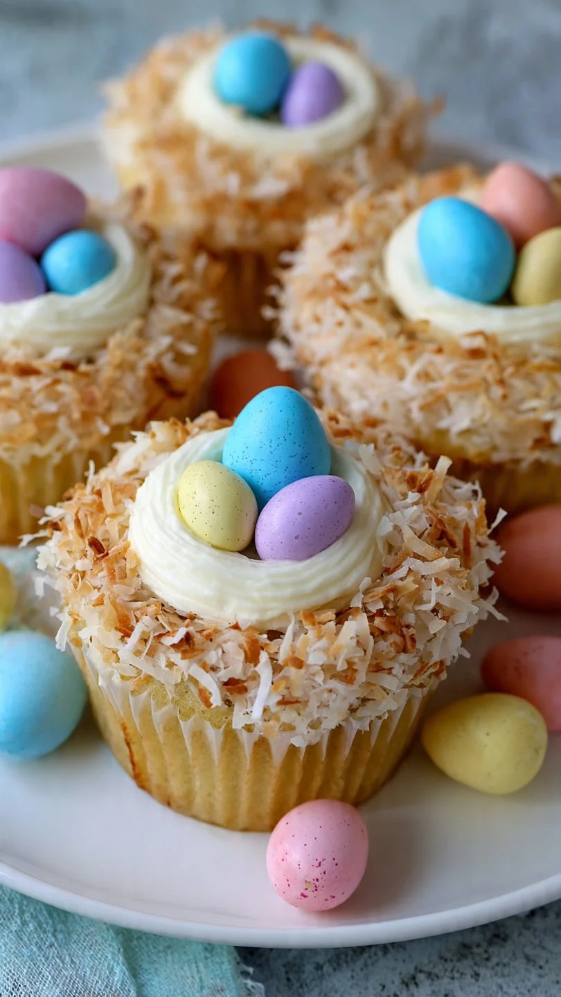Coconut Nest Cupcakes decorated with coconut shavings and candy eggs
