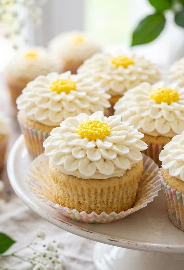 Daisy Flower Cupcakes decorated with edible daisies and spring-themed designs