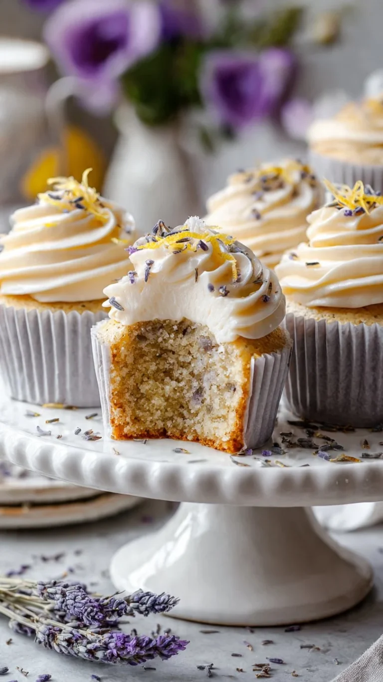 Earl Grey Lemon Cupcakes topped with lemon icing and tea leaves.