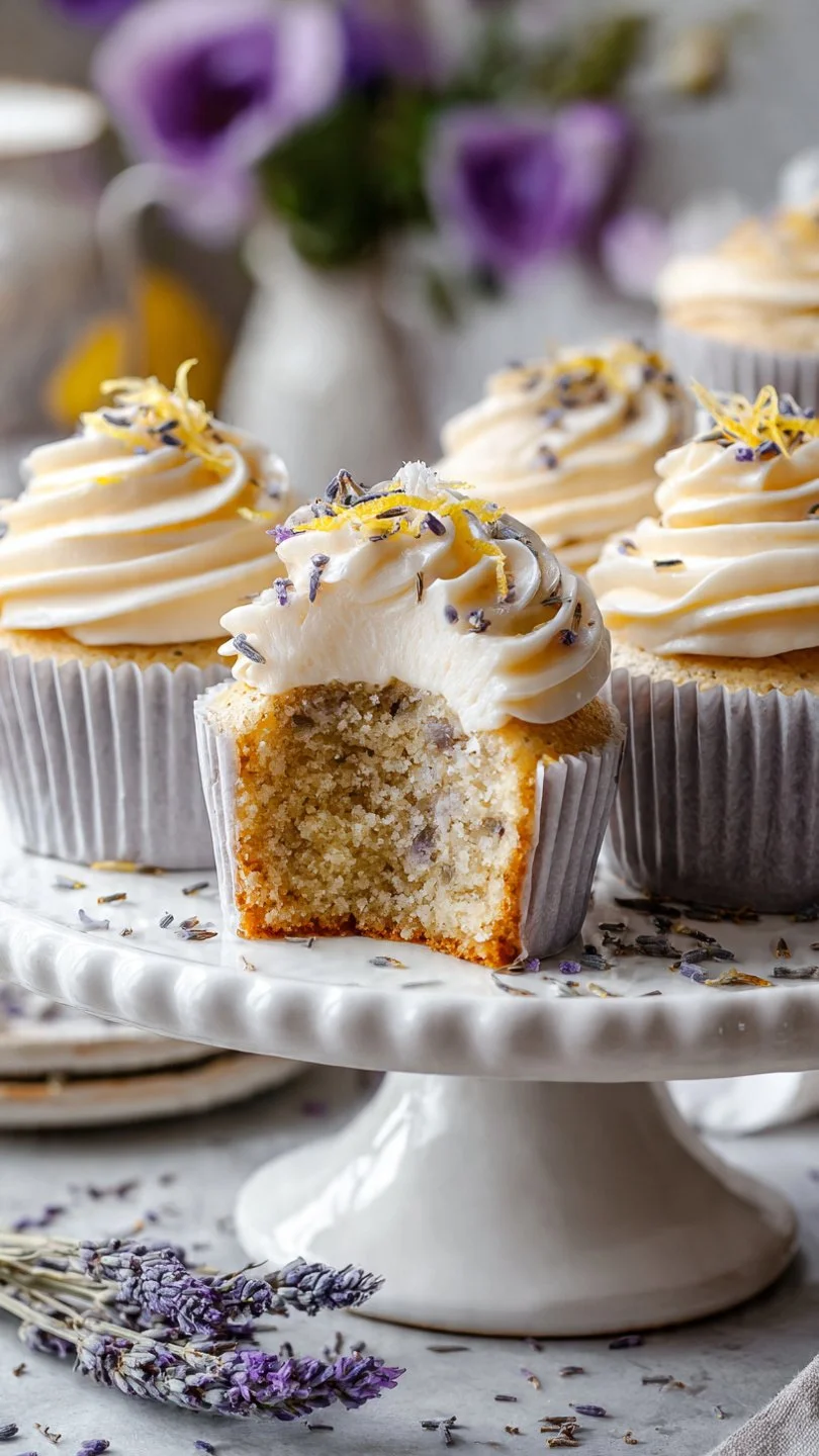 Earl Grey Lemon Cupcakes topped with lemon icing and tea leaves.