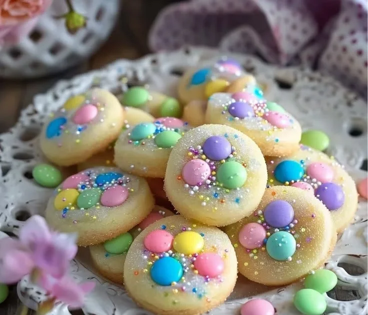 Colorful Easter Bunny Cookies in button shapes, perfect for holiday treats.