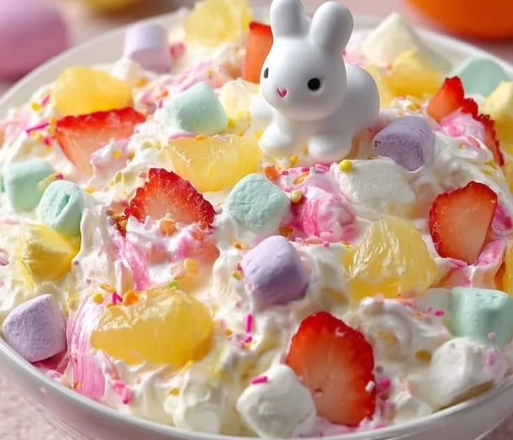 Easter Bunny Fruit Fluff dessert with colorful fruit and fluffy cream