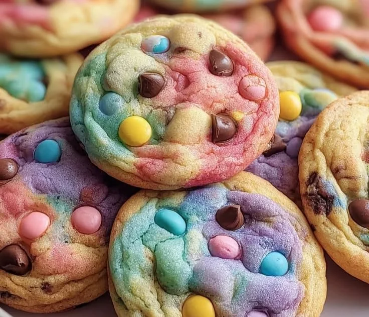Delicious Easter Chocolate Chip Cookies decorated with pastel sprinkles