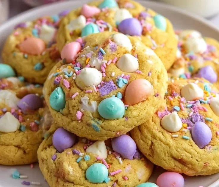 Colorful Easter cookies decorated with icing in festive shapes