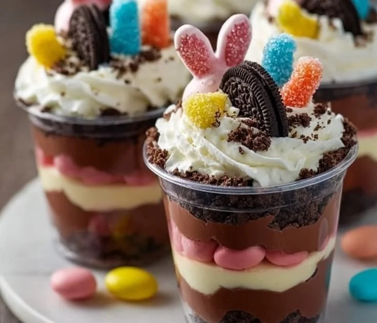 Colorful Easter Dirt Cups dessert topped with candy and chocolate layers