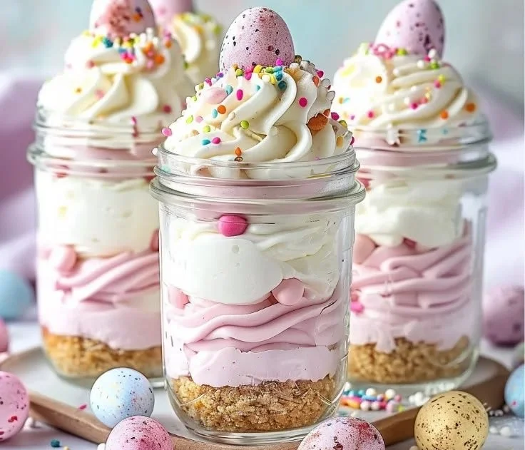 Easter Egg Cheesecake Jars with colorful layers and toppings