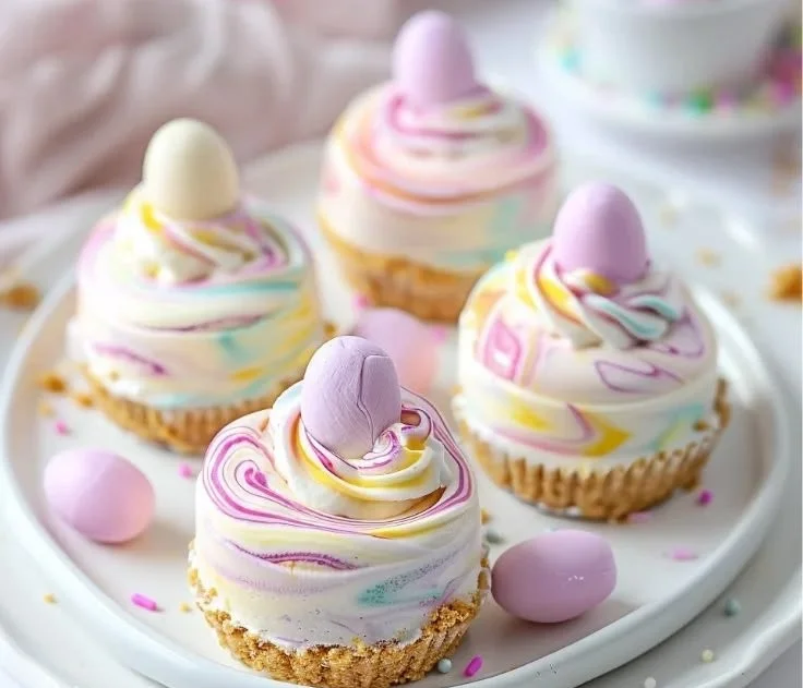 Easter no-bake mini cheesecakes topped with colorful sprinkles and berries.