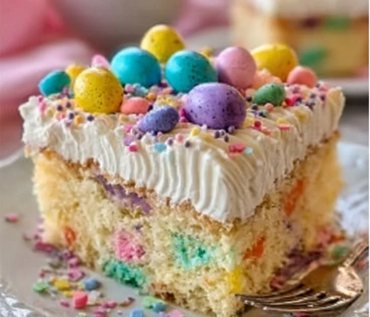 Delicious Easter Poke Cake with colorful toppings and decorations
