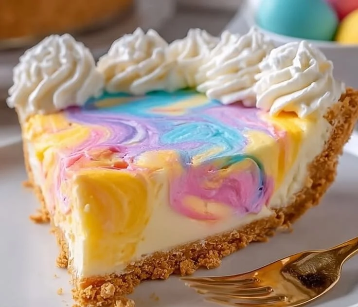 A festive Easter Swirl Pie with colorful swirls and a creamy filling, perfect for spring celebrations.