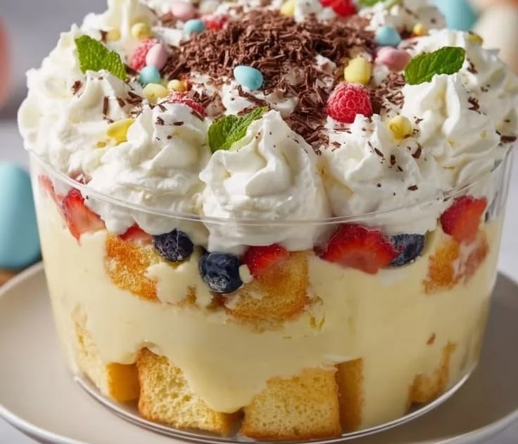 Colorful Easter trifle dessert with layers of cream, fruit, and sponge cake.