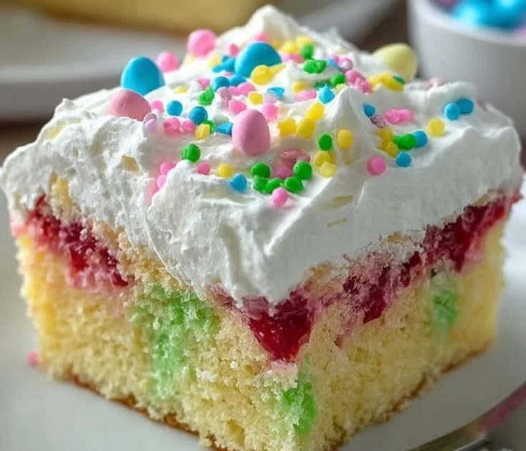 Slice of Easy Easter Jello Poke Cake with colorful jello layers and whipped cream topping