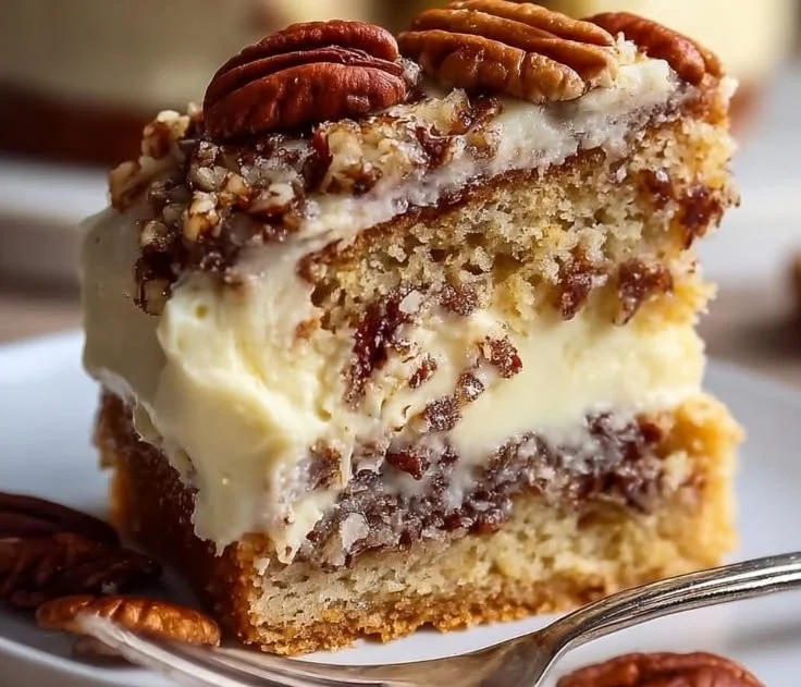 Slice of gooey butter pecan cake topped with pecans and caramel drizzle