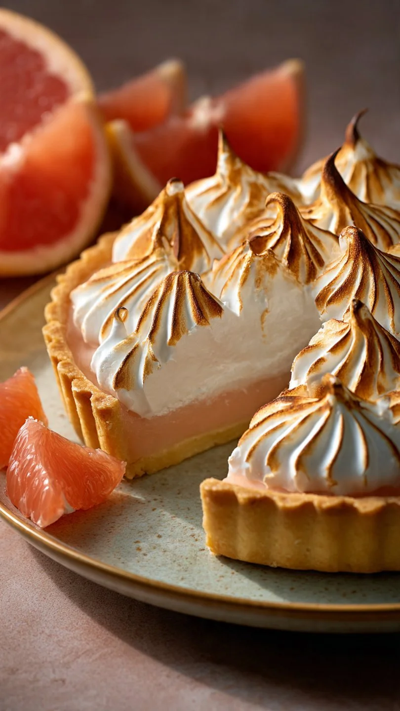 Delicious grapefruit meringue tart with a golden meringue topping and citrus slices.