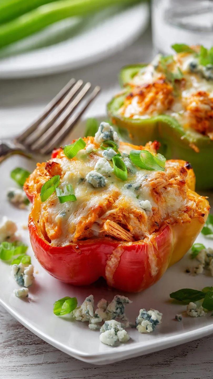 High protein buffalo chicken stuffed peppers baked and garnished on a plate