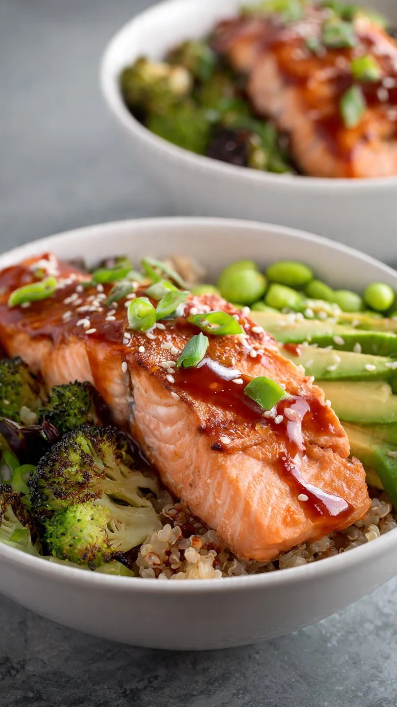 High protein honey sriracha salmon bowl with vegetables and rice