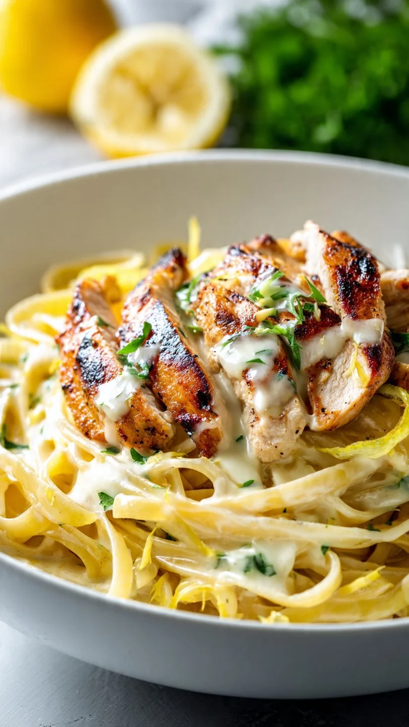 High protein lemon garlic chicken pasta dish with fresh herbs and lemon zest