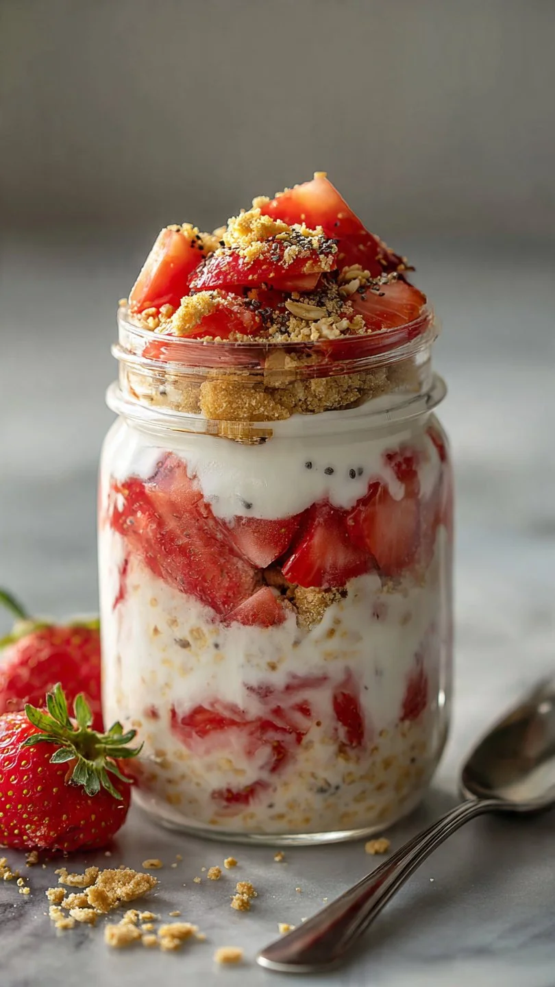 High protein strawberry cheesecake overnight oats served in a jar