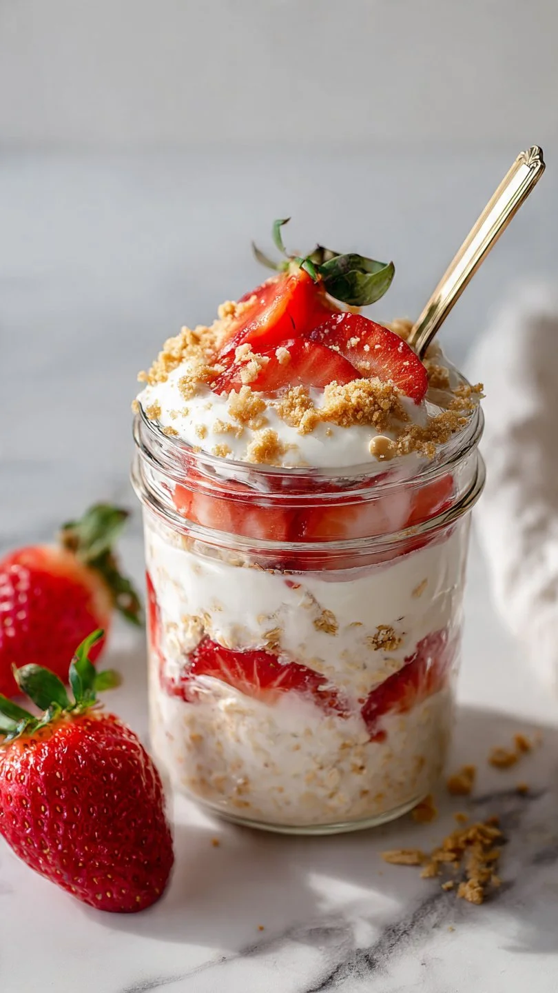 High Protein Strawberry Cheesecake Overnight Oats