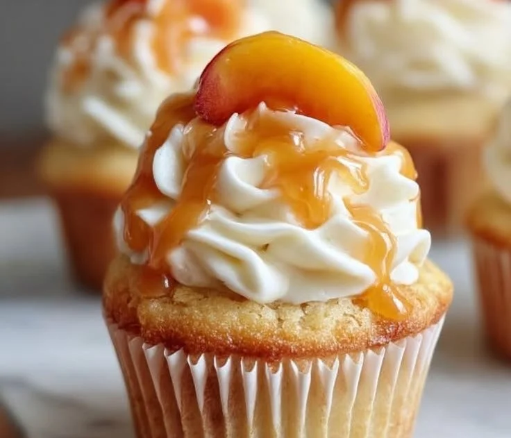 Honey Peach Cream Cheese Cupcakes topped with peach slices and cream cheese frosting.