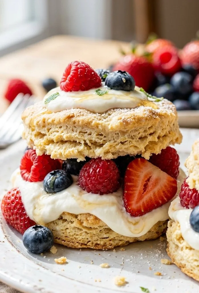 Honey Yogurt Berry Shortcakes topped with fresh berries and honey drizzle