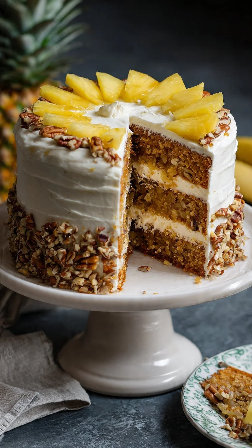 Delicious homemade Hummingbird Cake with banana, pineapple, and pecans.