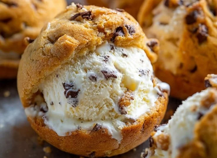 Ice Cream Cookie Bomb dessert with layers of ice cream and soft cookies.