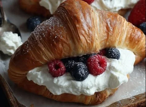 Delicious layered croissants filled with creamy filling, perfect for breakfast.