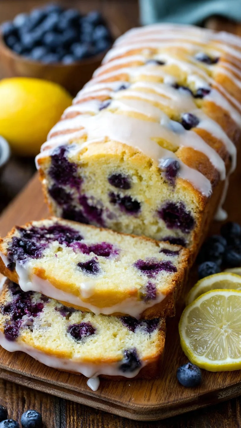 Slice of homemade Lemon Blueberry Bread with fresh blueberries and lemon zest