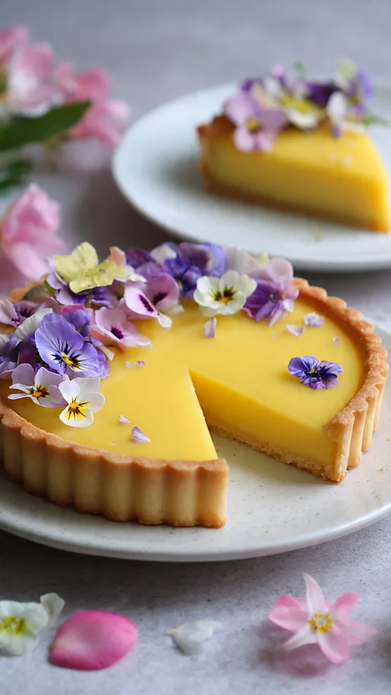 Lemon curd tart topped with colorful edible flowers on a decorative plate