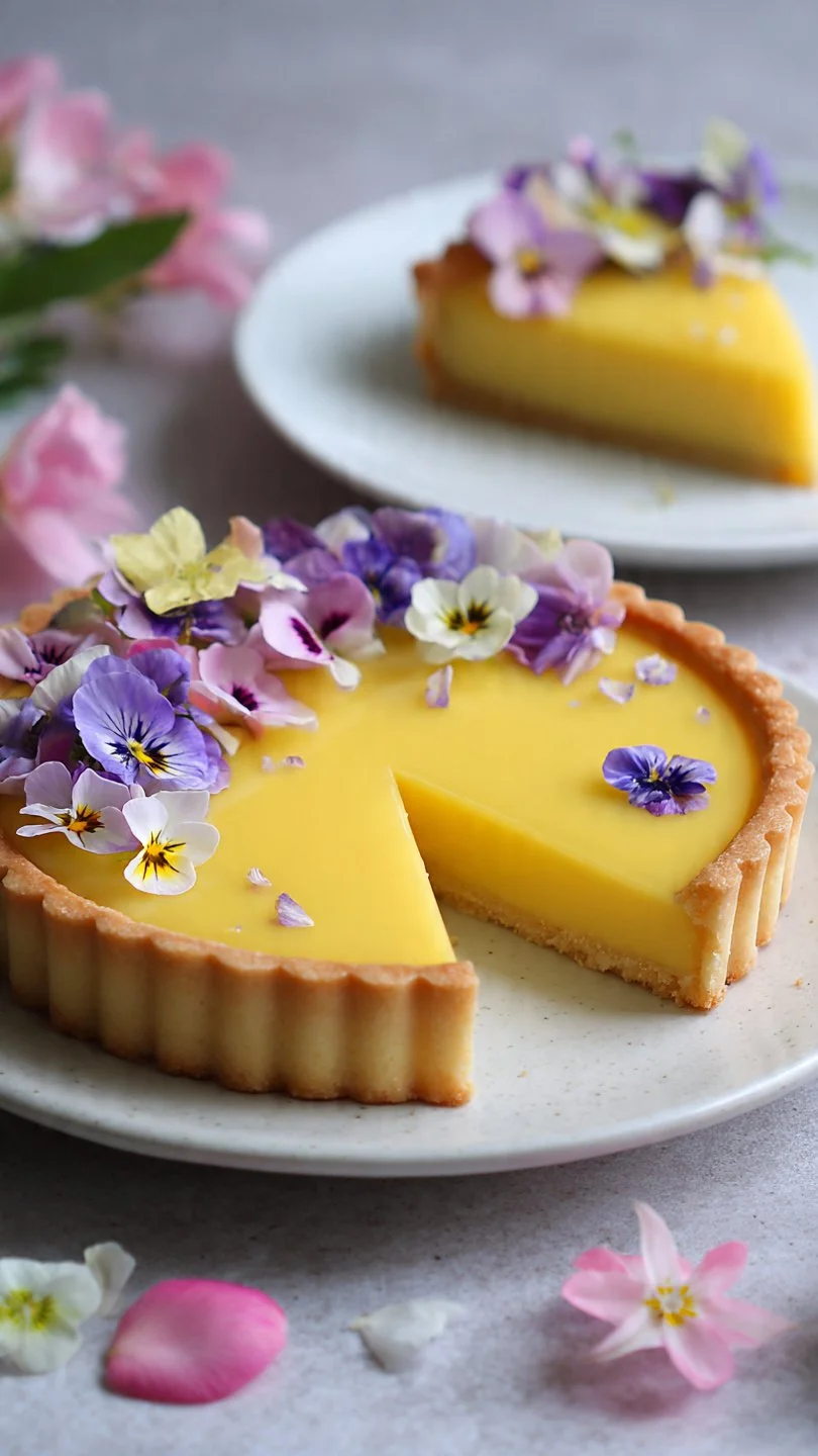 Lemon curd tart topped with colorful edible flowers on a decorative plate