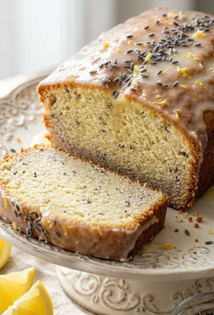Slice of lemon lavender pound cake on a plate with fresh lemons and lavender flowers