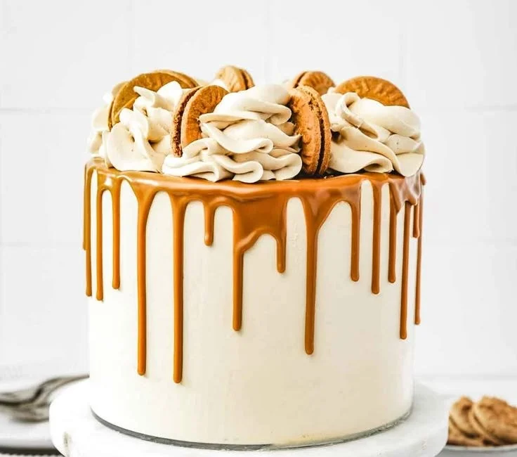 Delicious Lotus Biscoff Cake topped with Biscoff spread and crumbs.