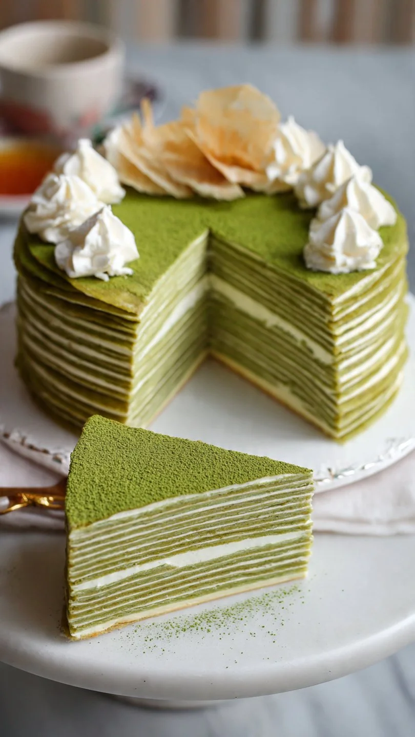 Layered Matcha Mille Crepe Cake with creamy filling