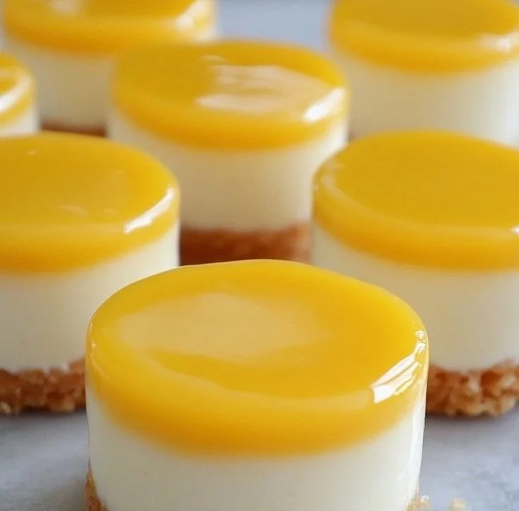 Mini mango cheesecakes topped with fresh mango slices and whipped cream