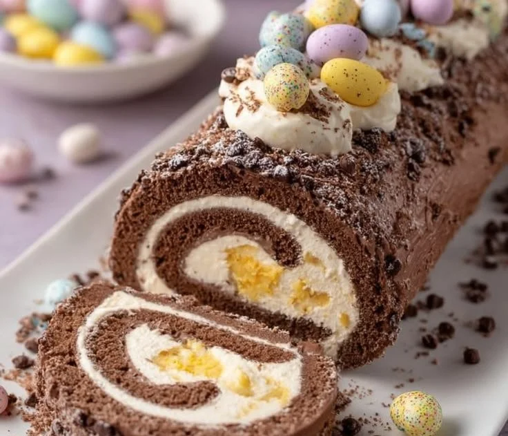 Mini Swiss Cake Rolls on a plate garnished with chocolate