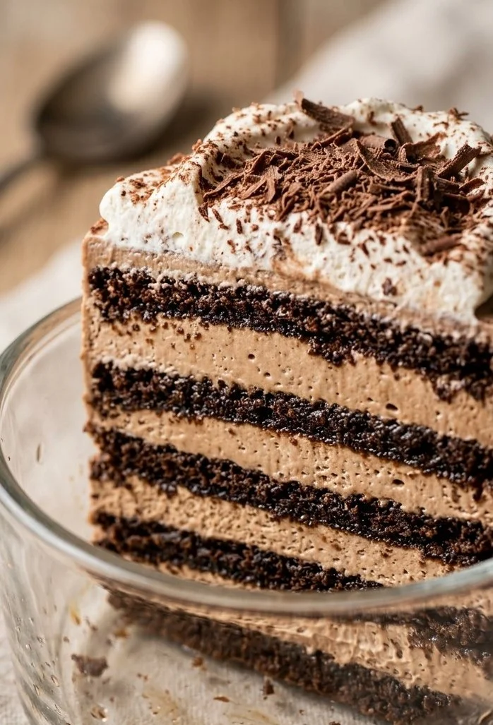 Delicious Mocha Chocolate Icebox Cake served on a elegant dessert plate.