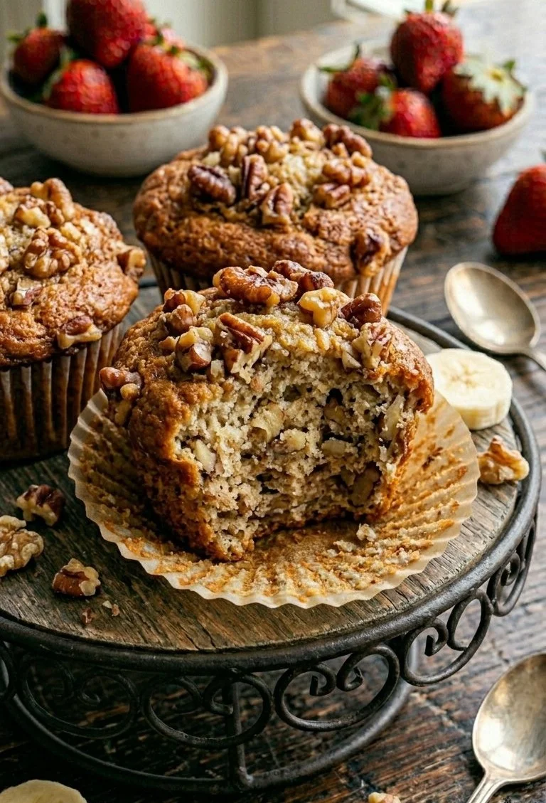 Moist banana nut muffins fresh out of the oven with a golden brown crust.