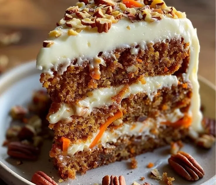 Moist homemade carrot cake topped with cream cheese frosting and walnuts