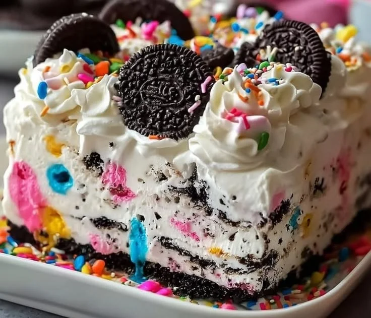 No-Bake Funfetti Oreo Icebox Cake with colorful sprinkles and cookies