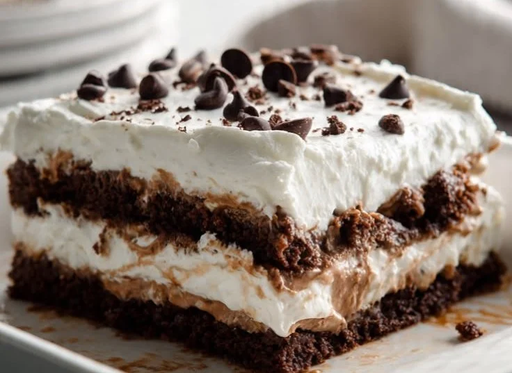 No-bake layered chocolate peanut butter cake with chocolate drizzle and nuts