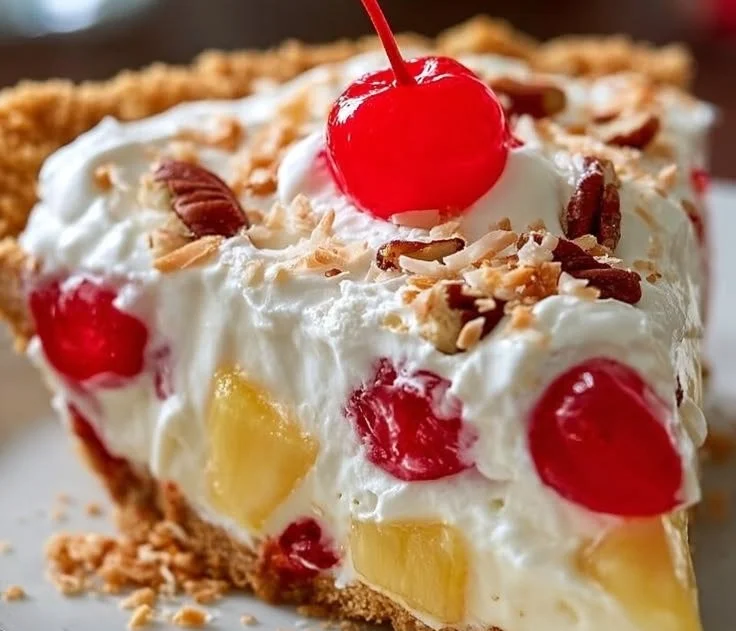 Slice of No-Bake Millionaire Pie topped with whipped cream and nuts